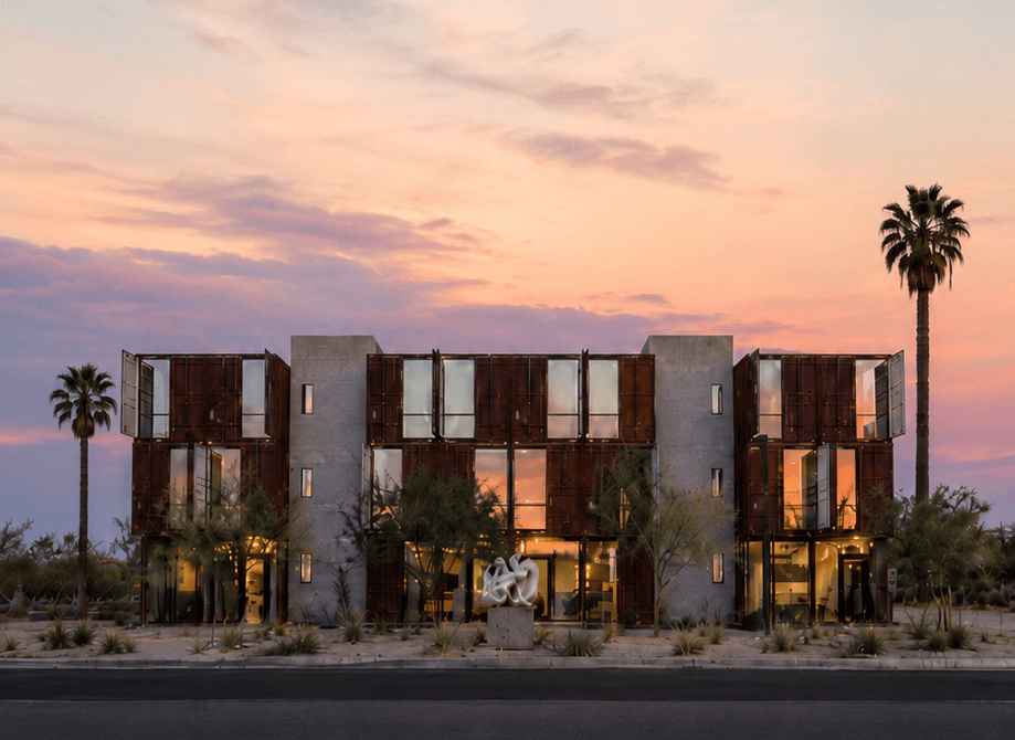 PHX Creator Space | shipping container studio exterior at twilight